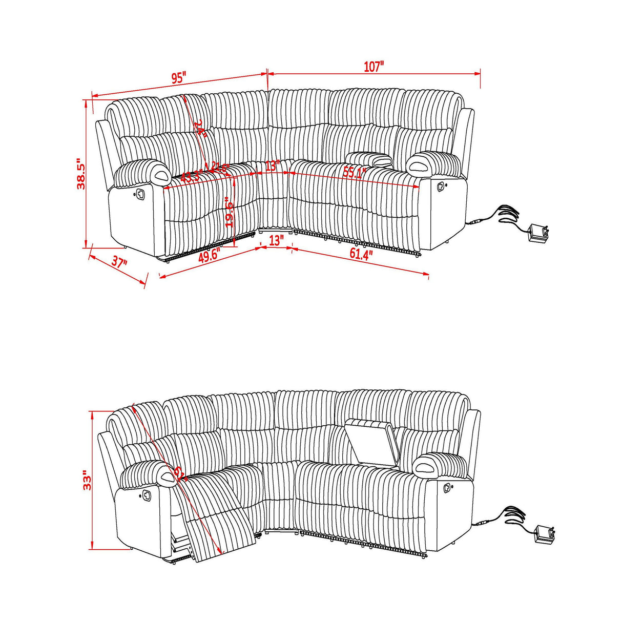 Bruni - Sectional Sofa With LED Lighting And Manual Recline - Gray