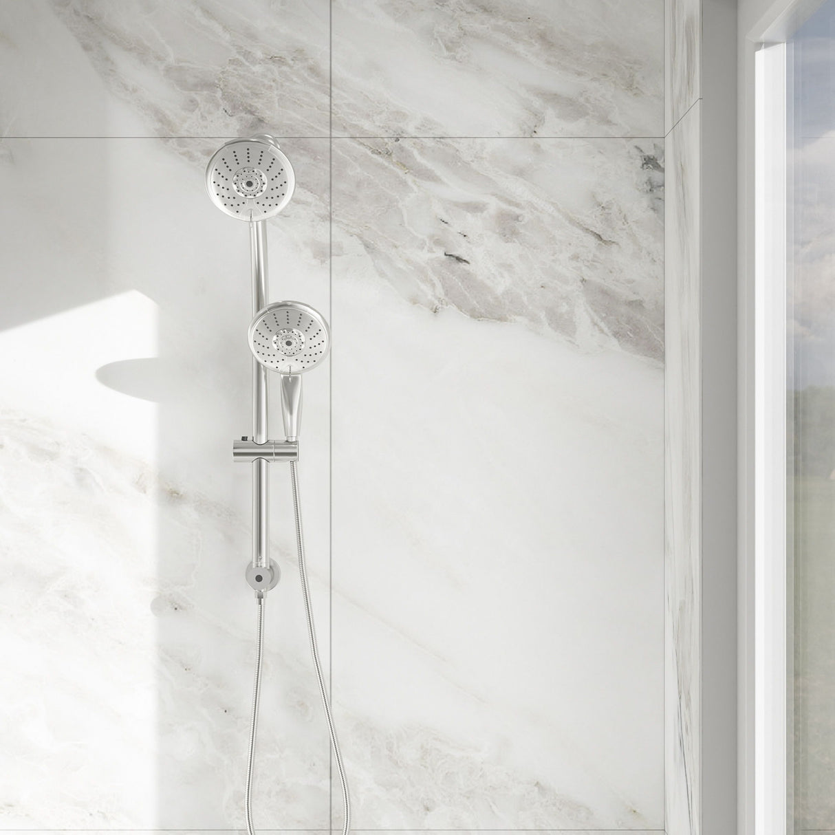 Dual Shower Head With Adjustable Slide Bar And Multi Function Settings