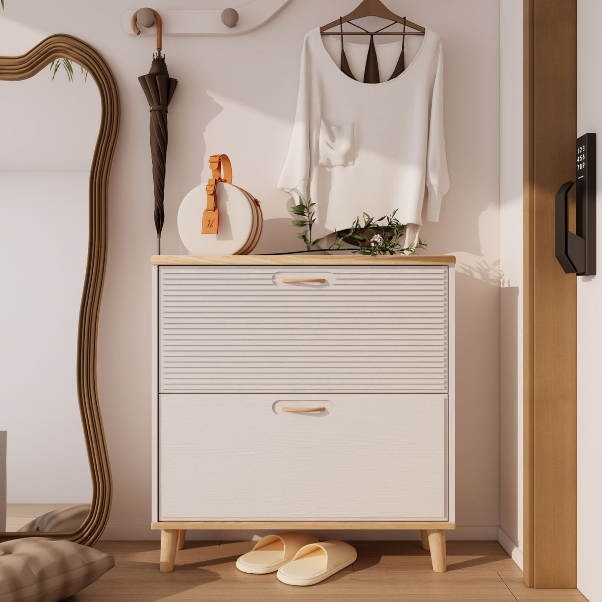 Narrow - Entryway Shoe Storage Cabinet With 2 Flip Drawers Legs - Natural / White