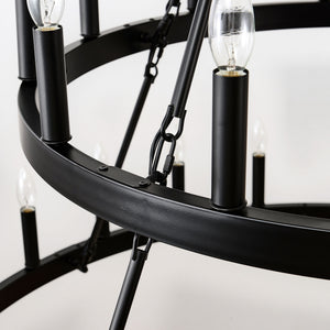 2 Tiers Wagon Wheel Chandelier Wooden Farmhouse 36 Light (24 / 12) Or (12 / 24) Metal Chandeliers 2 Story Light Fixtures Industrial For High Ceiling Living Dining Room Foyer, Adjustable Height - Black