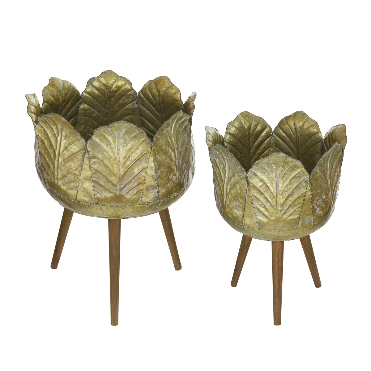 Set of 2 Metal Planters with Solid Wood Legs Stand - Natural Zinc
