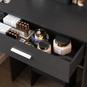 Vanity Table With Mirror, Adjustable LED Lights, Power Outlet, Hairdryer Holder & Stool