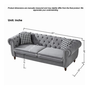 Chesterfield Upholstery Fabric Sofa With Roll Armrest & Nailhead, Mid Century Modern 3 And 3 Seater Couch