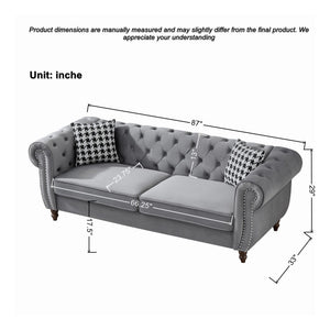 Chesterfield Upholstery Fabric Sofa With Roll Armrest & Nailhead, Mid Century Modern 3 And 3 Seater Couch