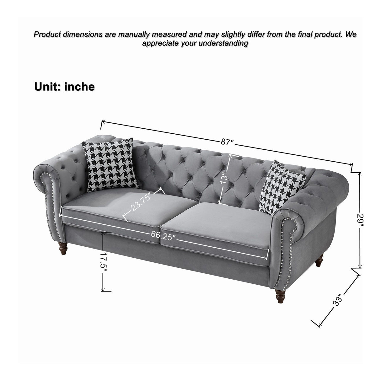 Chesterfield Upholstery Fabric Sofa With Roll Armrest & Nailhead