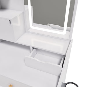 3 Color LED Vanity Mirror With Stool, Dressing Table For Bedroom, 2 Drawers & 5 Storage Cabinets (4 Open + 1 Hidden), Adjustable Lighting - White