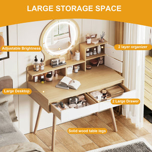Elegant Makeup Vanity Desk With Adjustable Lighted Mirror Table Feet - American White Oak