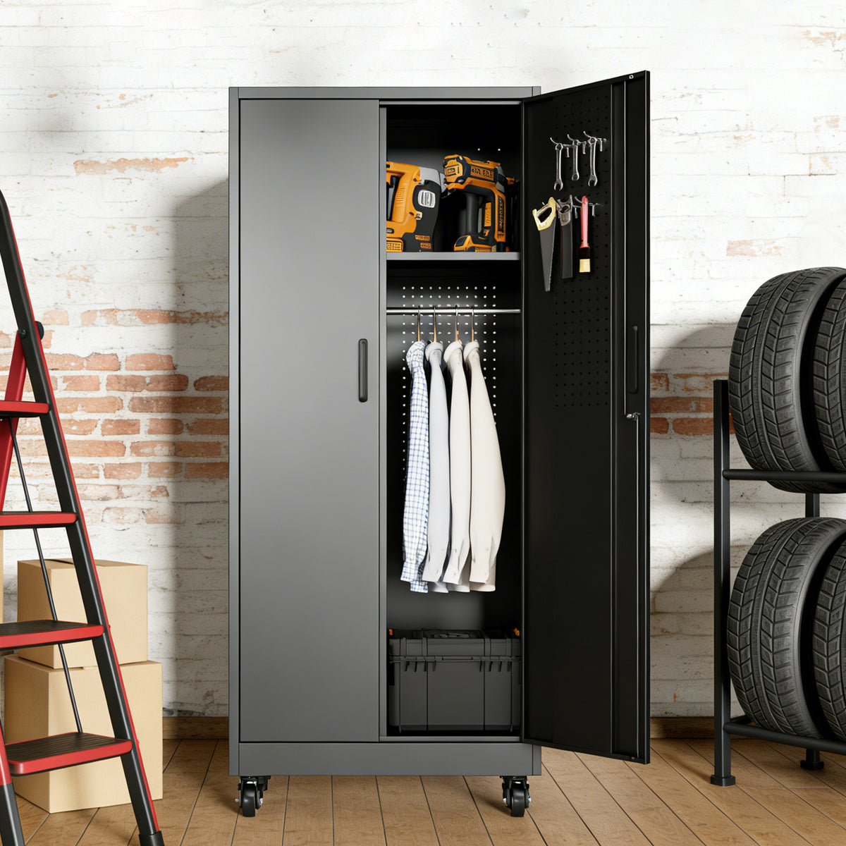 Rolling Metal Storage Locker Cabinet with Lockable Doors