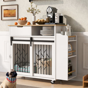 Modern Style 2 In 1 Pet Friendly Dog Crate Kitchen Island End Table Metal Pine - Natural / White