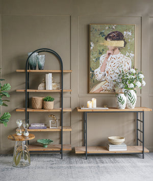 Tall Arched Wood and Iron Display Shelf