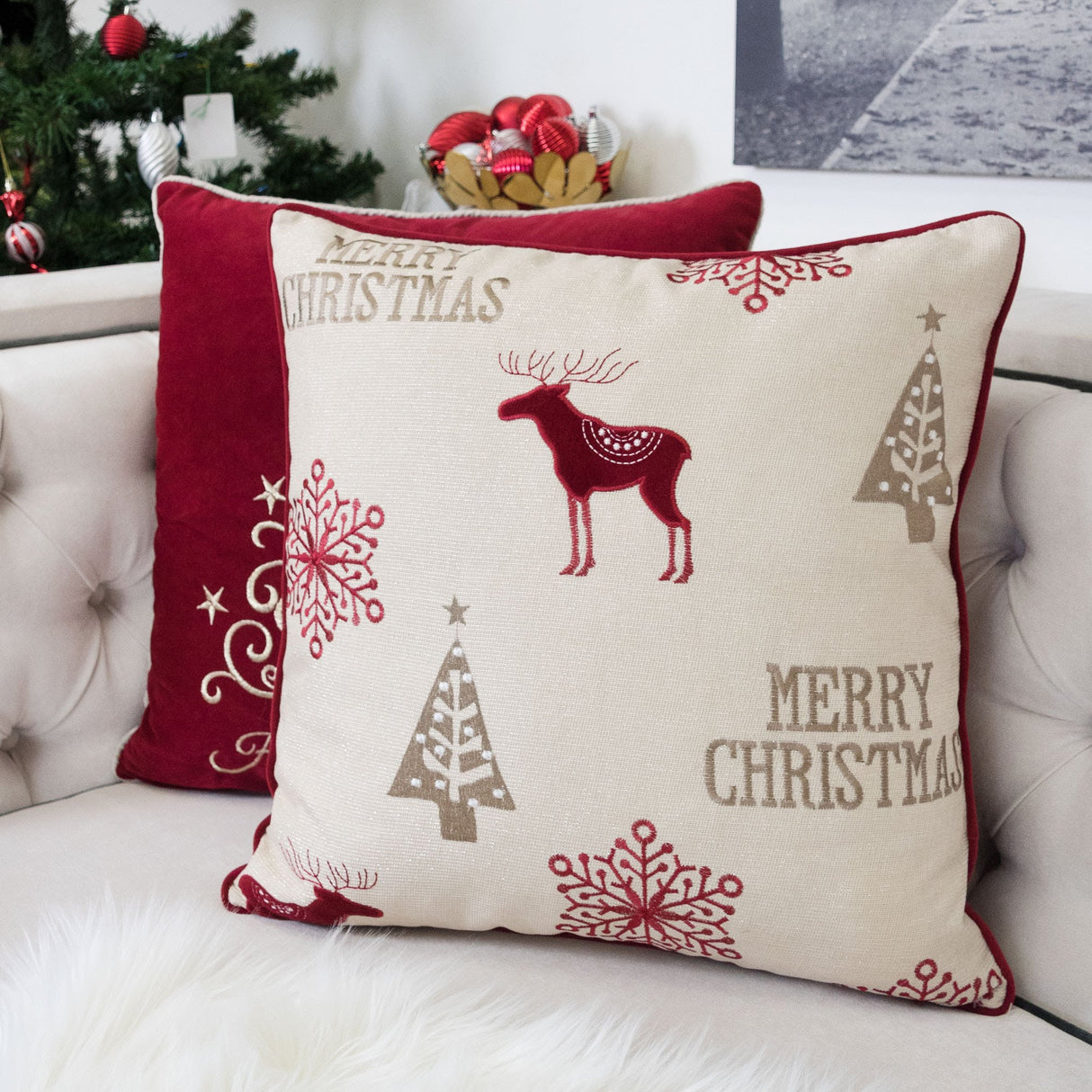 Merry Christmas Embroidered Poly Pillow