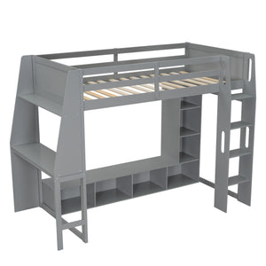 Gaming Loft Bed With Desk, Multi Storage Shelves, LED Lighting, And Hanging Clothes Rack