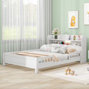 Wood Platform Bed With Built In LED Light, Storage Headboard And Guardrail