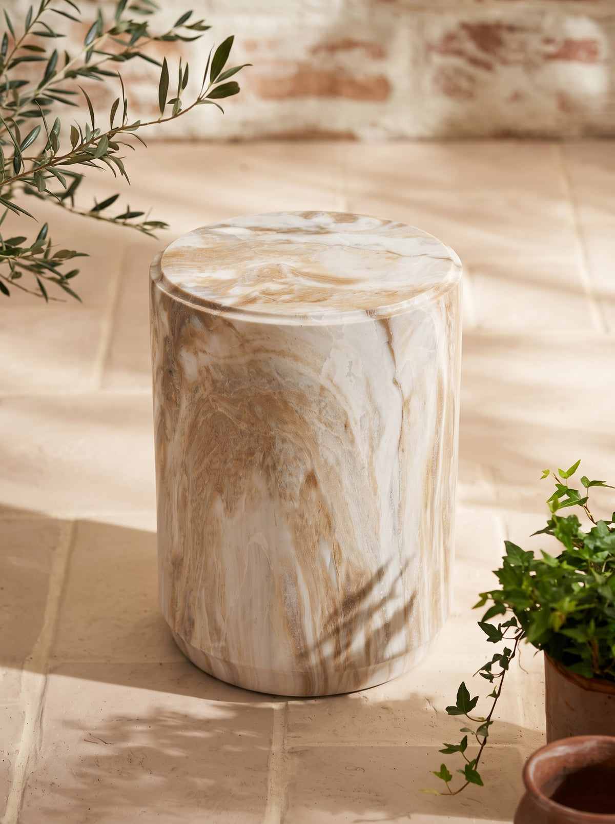 Marble-Look Stool - 18.5-Inch Accent Table