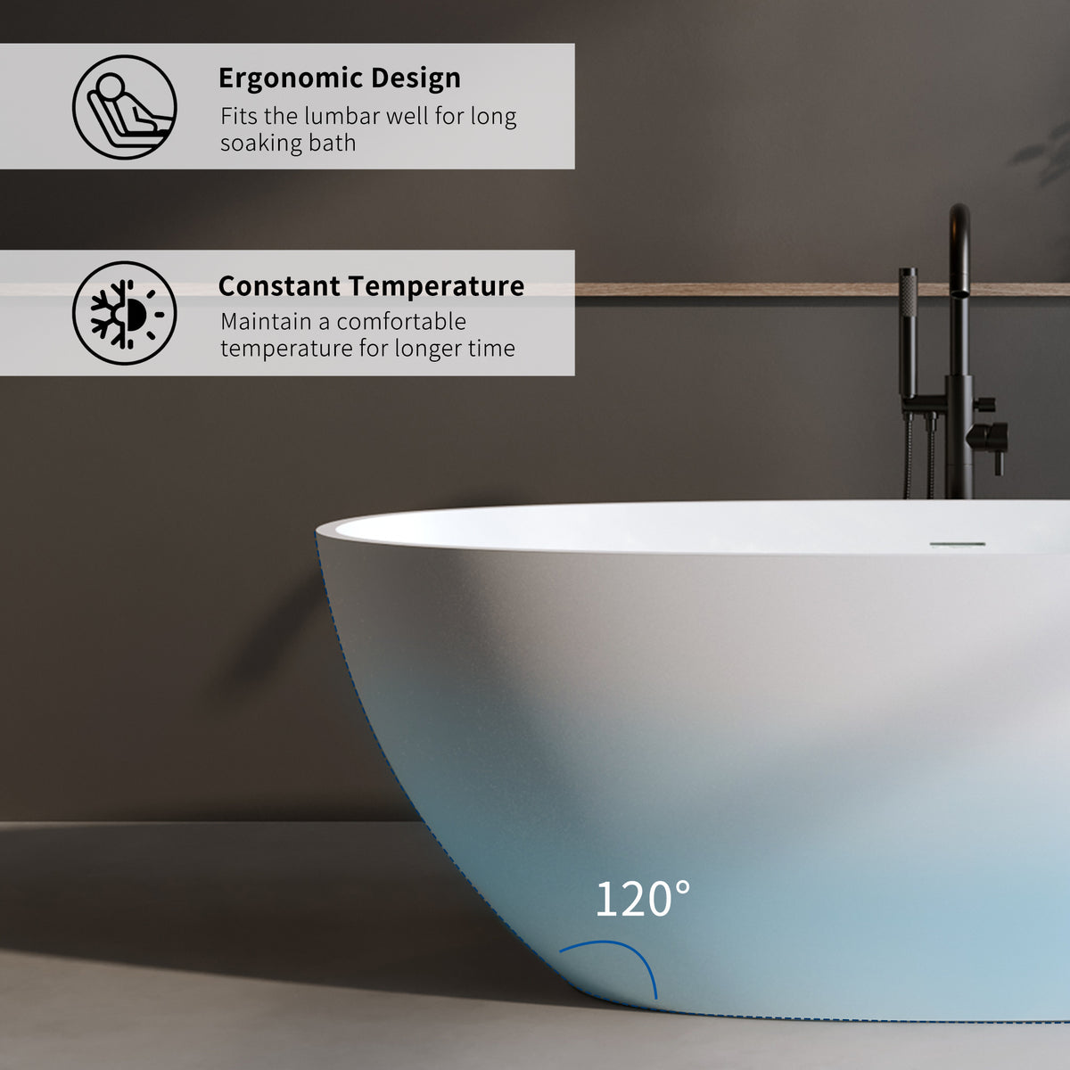 55" Solid Surface Matte Tub - Freestanding Soaking Bathtub