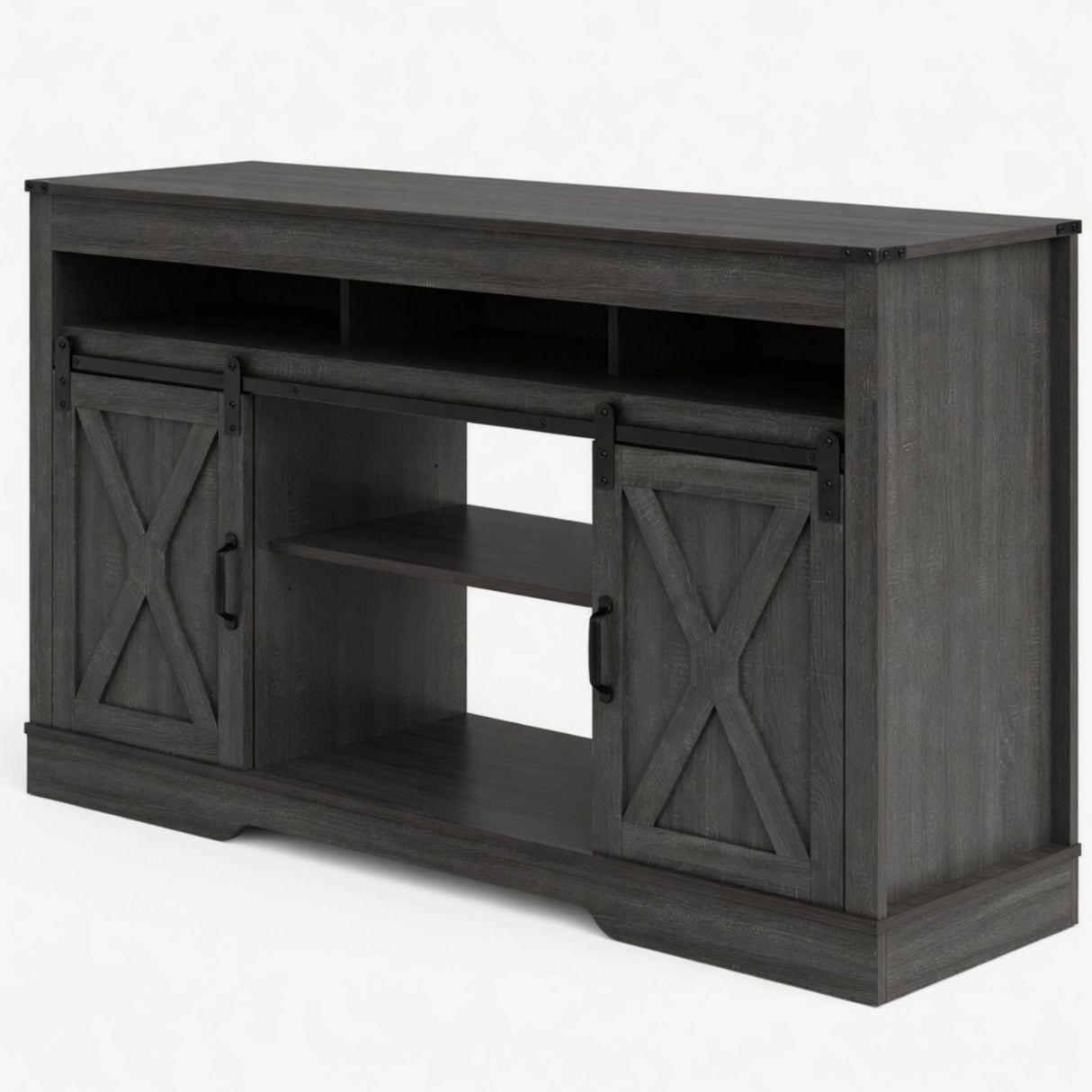 Farmhouse TV Stand With Sliding Barn Doors & Adjustable Storage