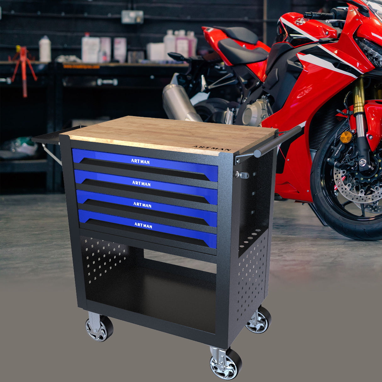 4 Drawers Multifunctional Tool Cart With Wheels And Wooden Top