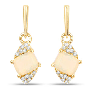 0.57 Carat Genuine Ethiopian Opal and White Diamond 14K Yellow Gold Earrings
