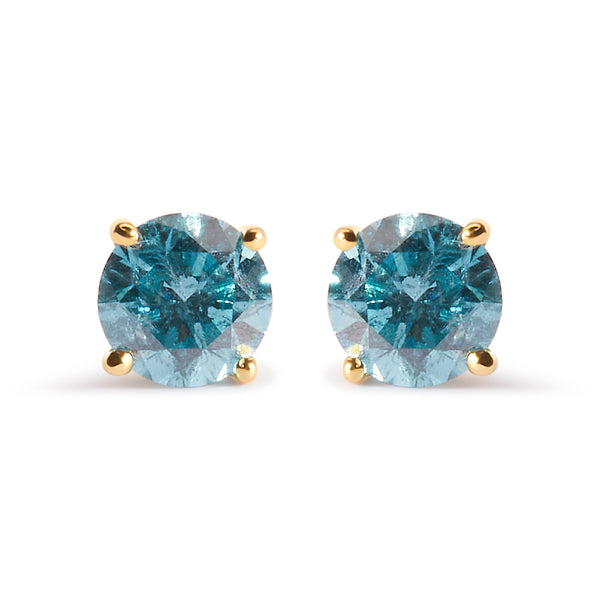 14K Yellow Gold 1.0 Cttw Treated Aqua Blue Diamond Classic Solitaire Stud Earrings (Aqua Blue Color, I2-I3 Clarity)