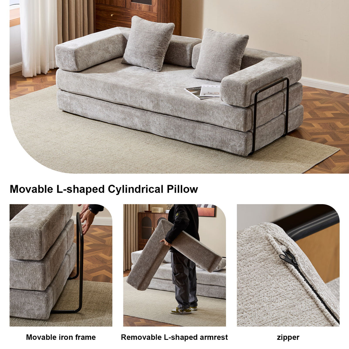 Convertible Floor Sofa Bed With Pillow Back Support Armrest
