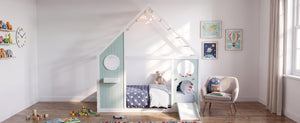 Twin House Bed with Slide, Ball Light Strip, Wooden Playhouse Design