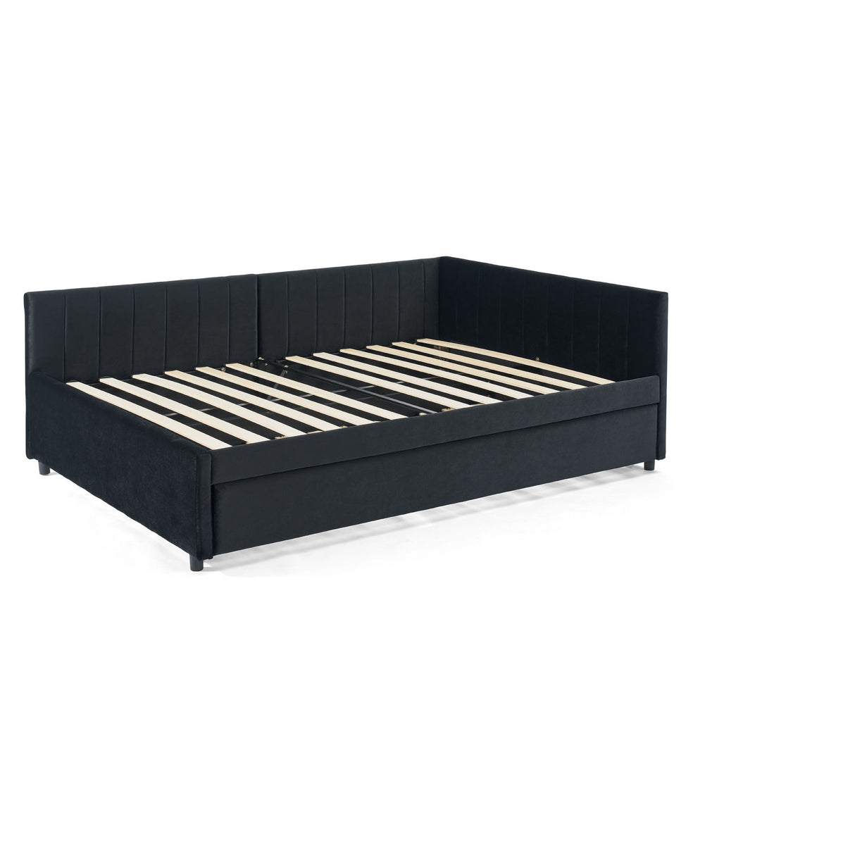 Full Size Upholstered Daybed With Trundle, Tufted Backrest And Armrests - Black