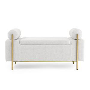 Elegant Upholstered Storage Bench With Cylindrical Arms And Iron Legs,
