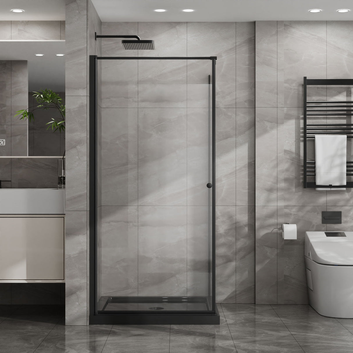 Corner Shower Enclosure, Frameless Pivot Door - Black