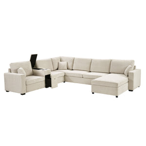 Modular 5 Seat U-Shape Sectional Sofa With Chaise Lounge, Built In Cup Holders And Storage Drawer