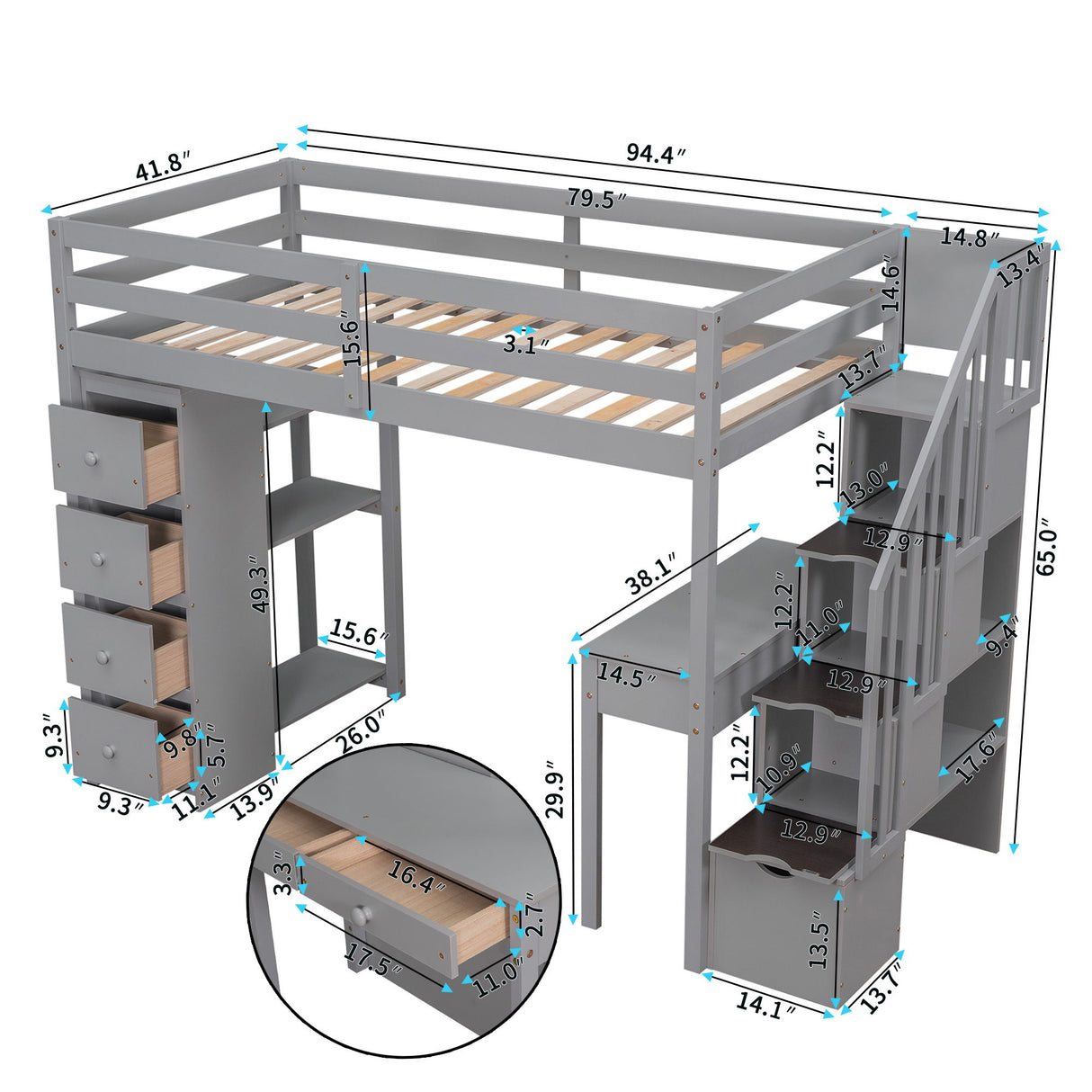 Loft Bed With Storage Drawers, Desk And Stairs With Shelves