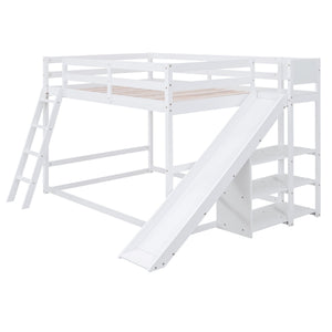 Bunk Bed With Ladder, Slide, And Shelves Pine Wood