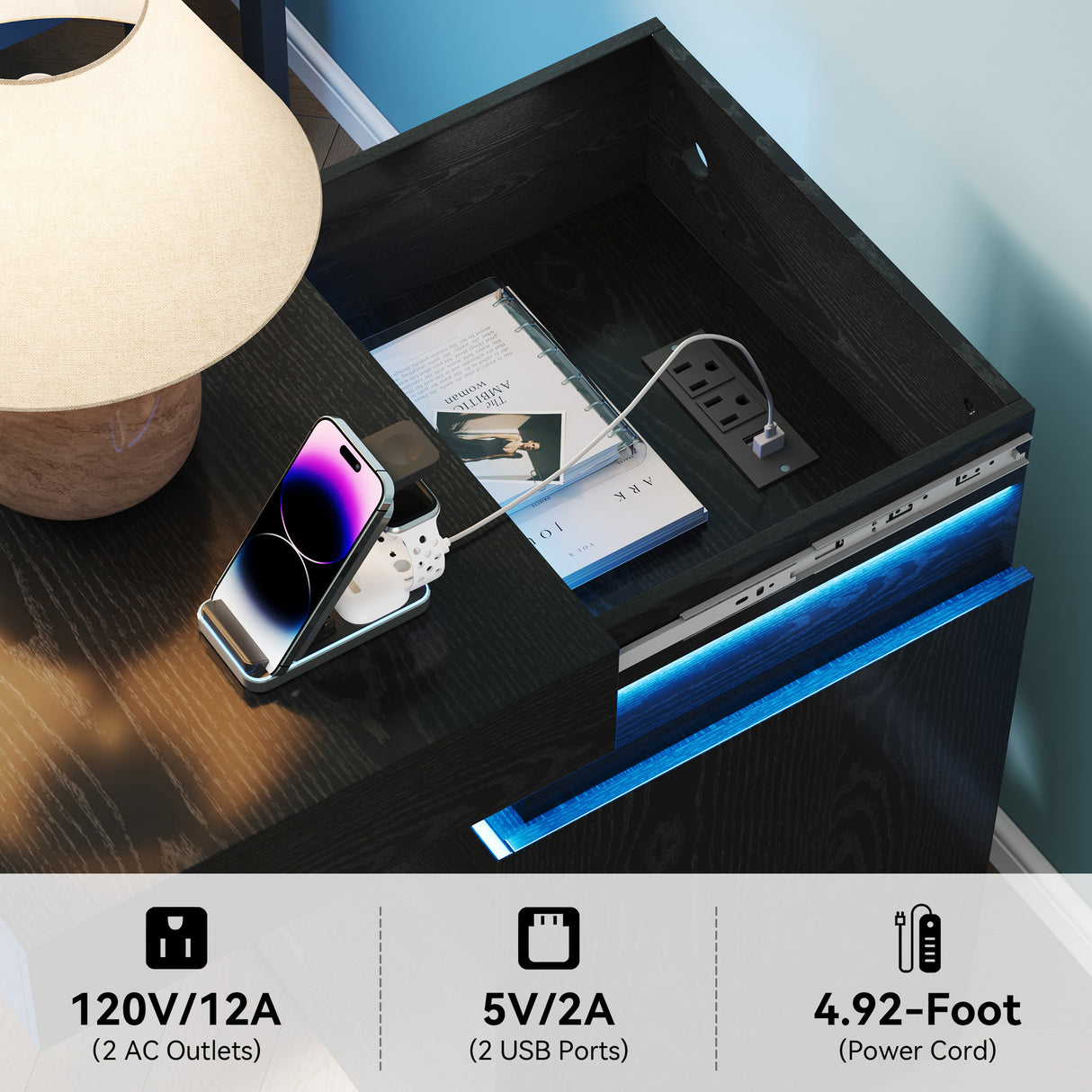 Nightstand with Built-In Charging Station and LED Lighting