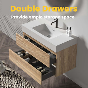Grace 36-Inch Wall-Mounted Bathroom Vanity, Oak and White Solid Surface
