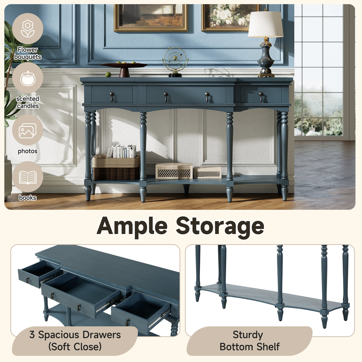 Traditional Retro Console Table with 3 Soft-Close Drawers & Bottom Shelf