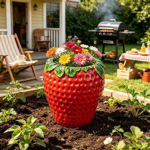 15'' tall Strawberry Shaped Planter Pot, Cute Fruit Decorative Flower Vase, Weather Resistant Outdoor Garden Planter for Patio Porch Yard Lawn Entryway Home Tabletop Decor
