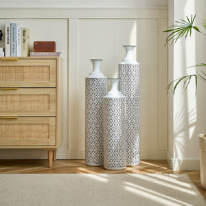 Modern Floor Vase Set Metal Vases With Geometric Pattern, 3 Piece Home Decor Set - White / Black
