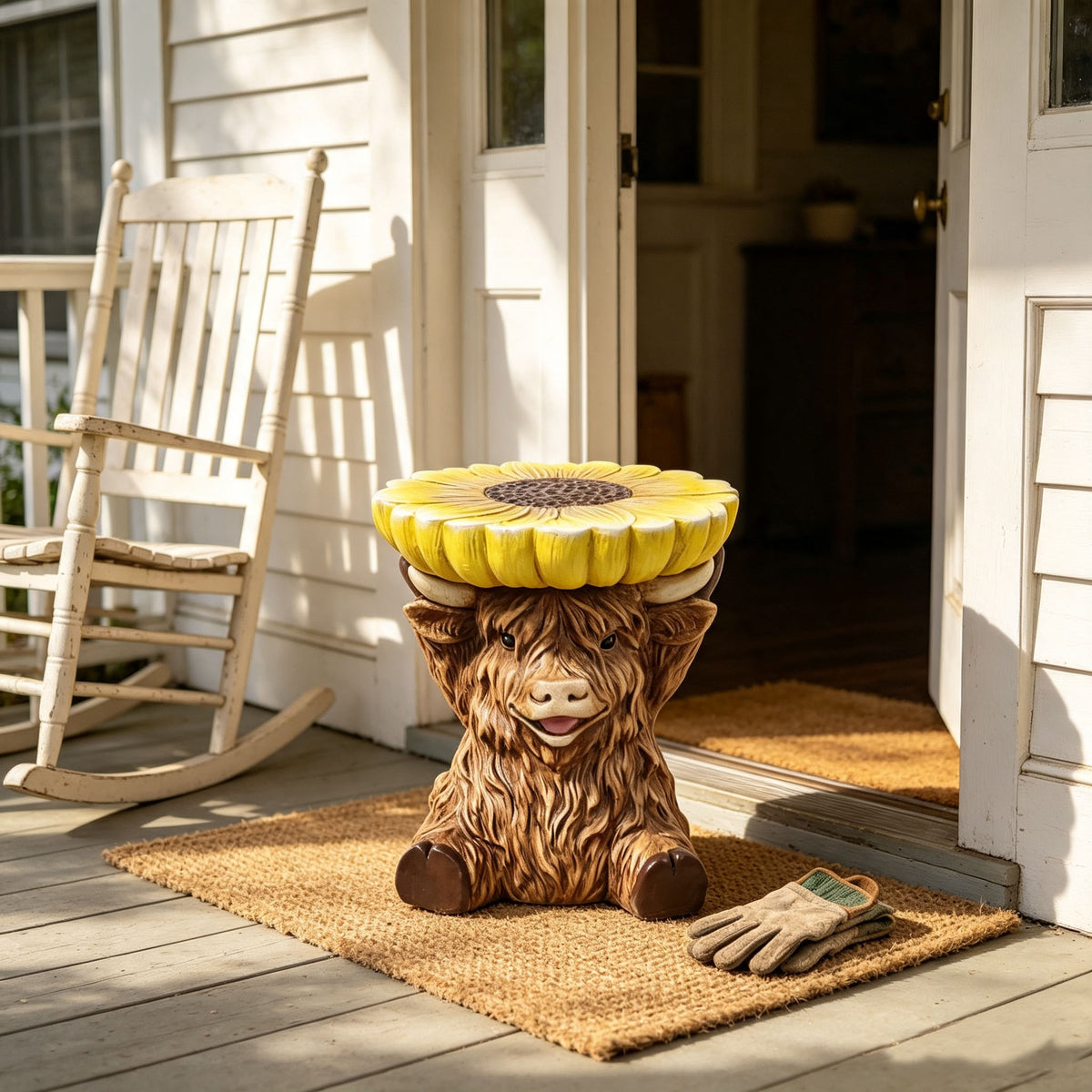 Highland Cow Stool with Sunflower Top
