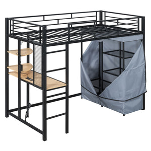 Loft Bed With Desk, Shelves, Power Outlet, LED Light And Wardrobe