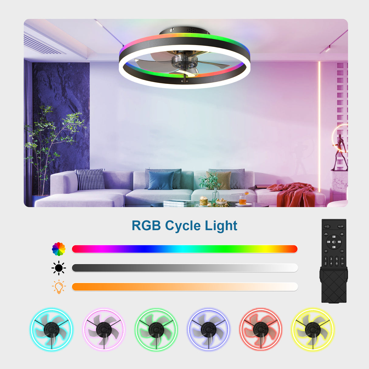 19.7" RGB Flush Mount Ceiling Fan with Light for Bedroom