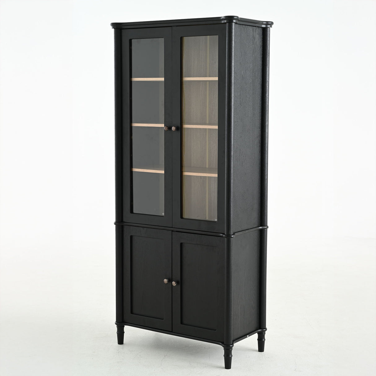 Vintage Display Cabinet With Double Glass Doors, Traditional Style For Collectibles, Ash Wood Veneer, 73.25" Tall - Black / Natural