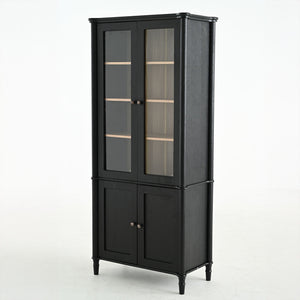 Vintage Display Cabinet With Double Glass Doors, Traditional Style For Collectibles, Ash Wood Veneer, 73.25" Tall - Black / Natural