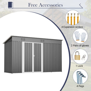10'x4' Outdoor Metal Storage Shed for Garden Tools Lockable Door With Floor Frame