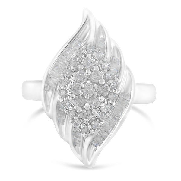 .925 Sterling Silver Â¾ Cttw Round and Baguette Cut Diamond Stair-Stepped Cluster Waterfall Cocktail Ring (I-J Color, I2-I3 Clarity) - Size 6