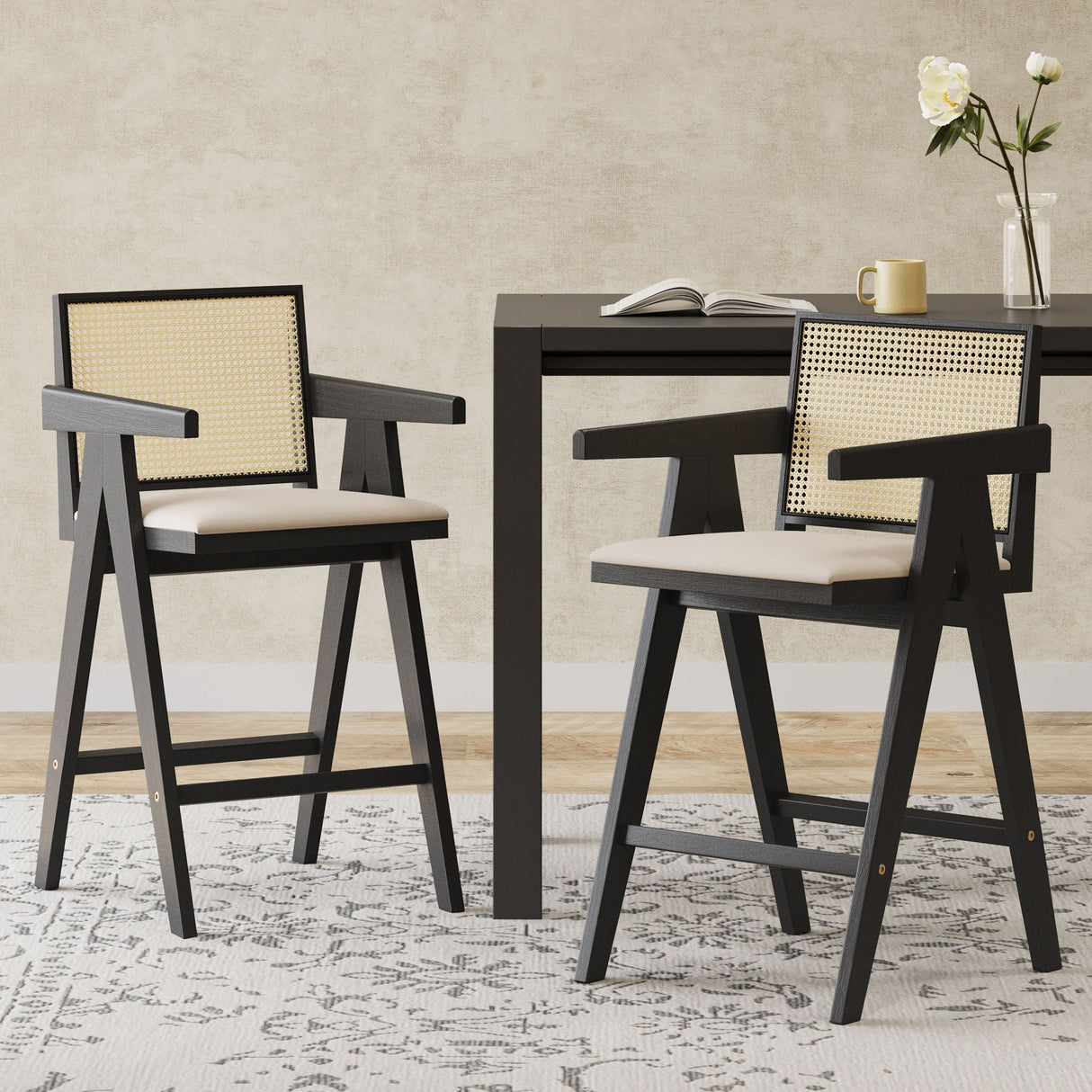Woven Cane Plastic Backrest Bar Stool Foam Padded Fabric Seat & Durable Rubberwood Frame - Cream Gray - Best Buy Furniture