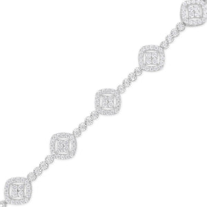 .925 Sterling Silver 3.0 Cttw Diamond Halo Square Shape Link Bracelet (I-J Color, I3 Clarity) - 7.25"