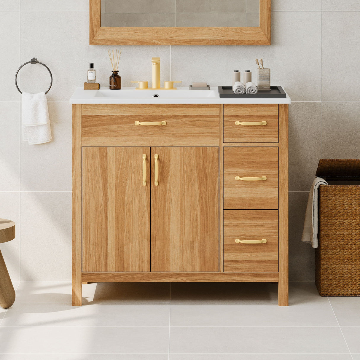 Bathroom Vanity, 2 Soft Close Doors, 3 Soft Close Drawers, Adjustable Shelf - Wood