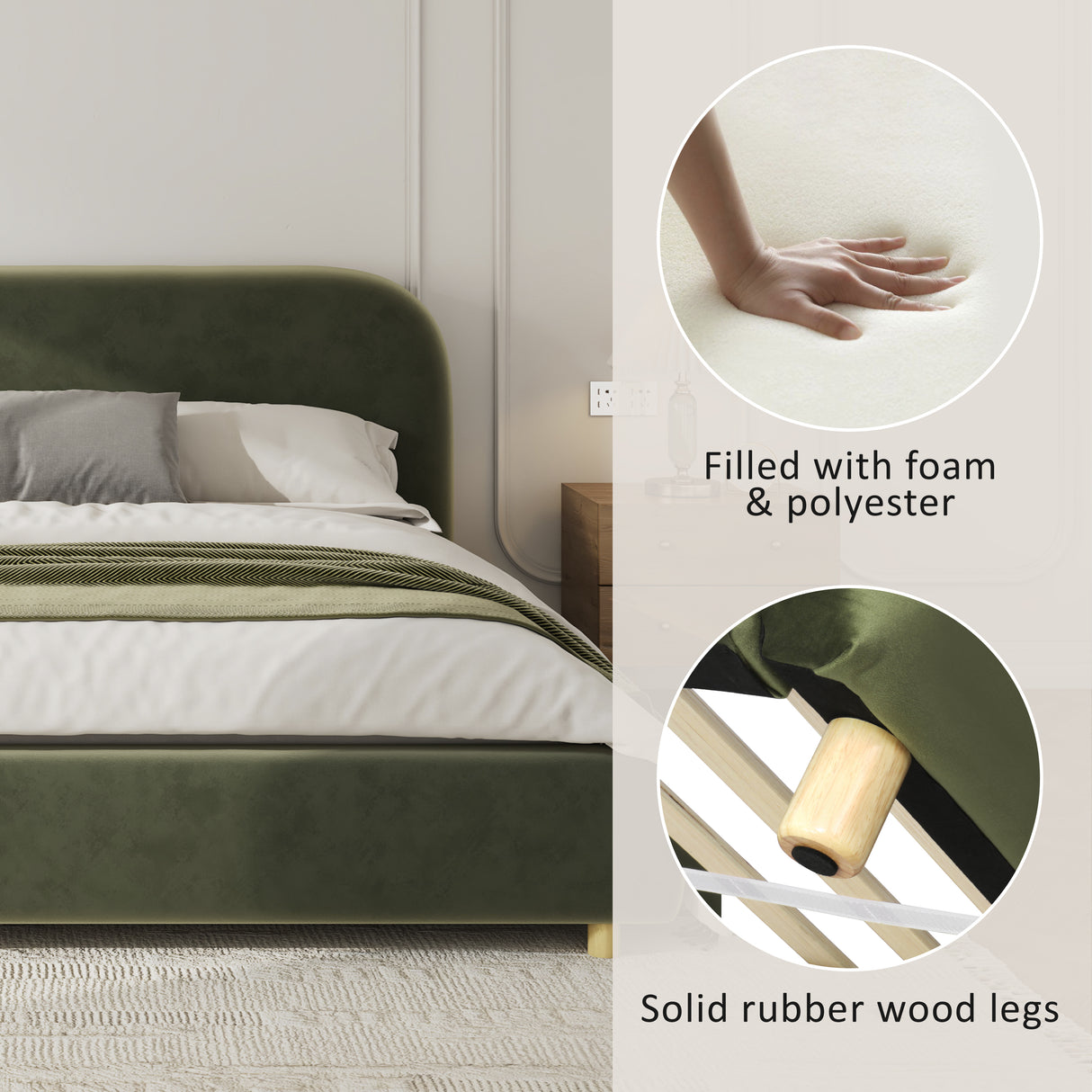 California King Size Upholstered Bed Frame With Velvet Fabric And Curve Design Thick Headboard, Solid Wood Legs, Olive