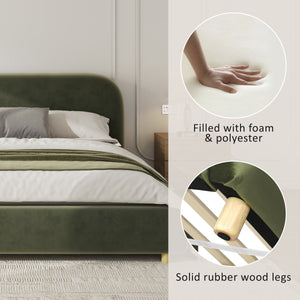 California King Size Upholstered Bed Frame With Velvet Fabric And Curve Design Thick Headboard, Solid Wood Legs, Olive