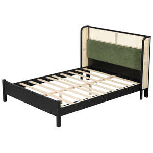Queen Size Bed Frame with Plush Green Upholstered Headboard