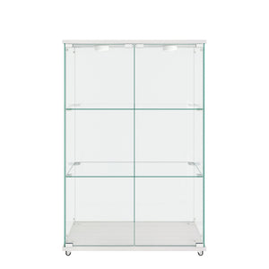 Modern Display Cabinet With LED Lights, Transparent Tempered Glass 2 Door Storage Case With 3 Shelves